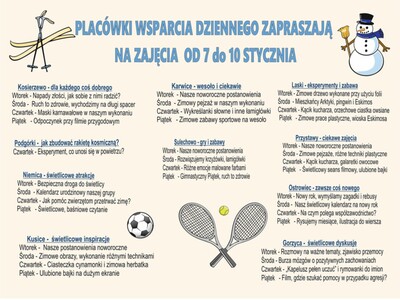 Harmonogram zajęć w Placówkach Wsparcia Dziennego od 7 do 10 stycznia