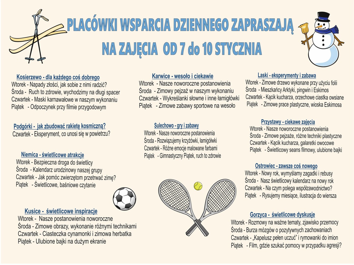 Harmonogram zajęć w Placówkach Wsparcia Dziennego od 7 do 10 stycznia