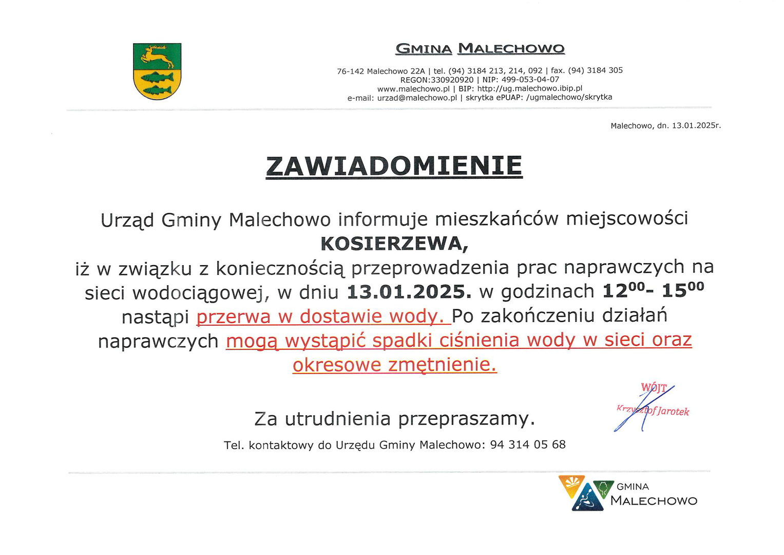 Zawiadomienie o przerwie w dostawie wody
