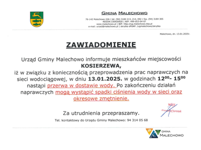 Zawiadomienie o przerwie w dostawie wody