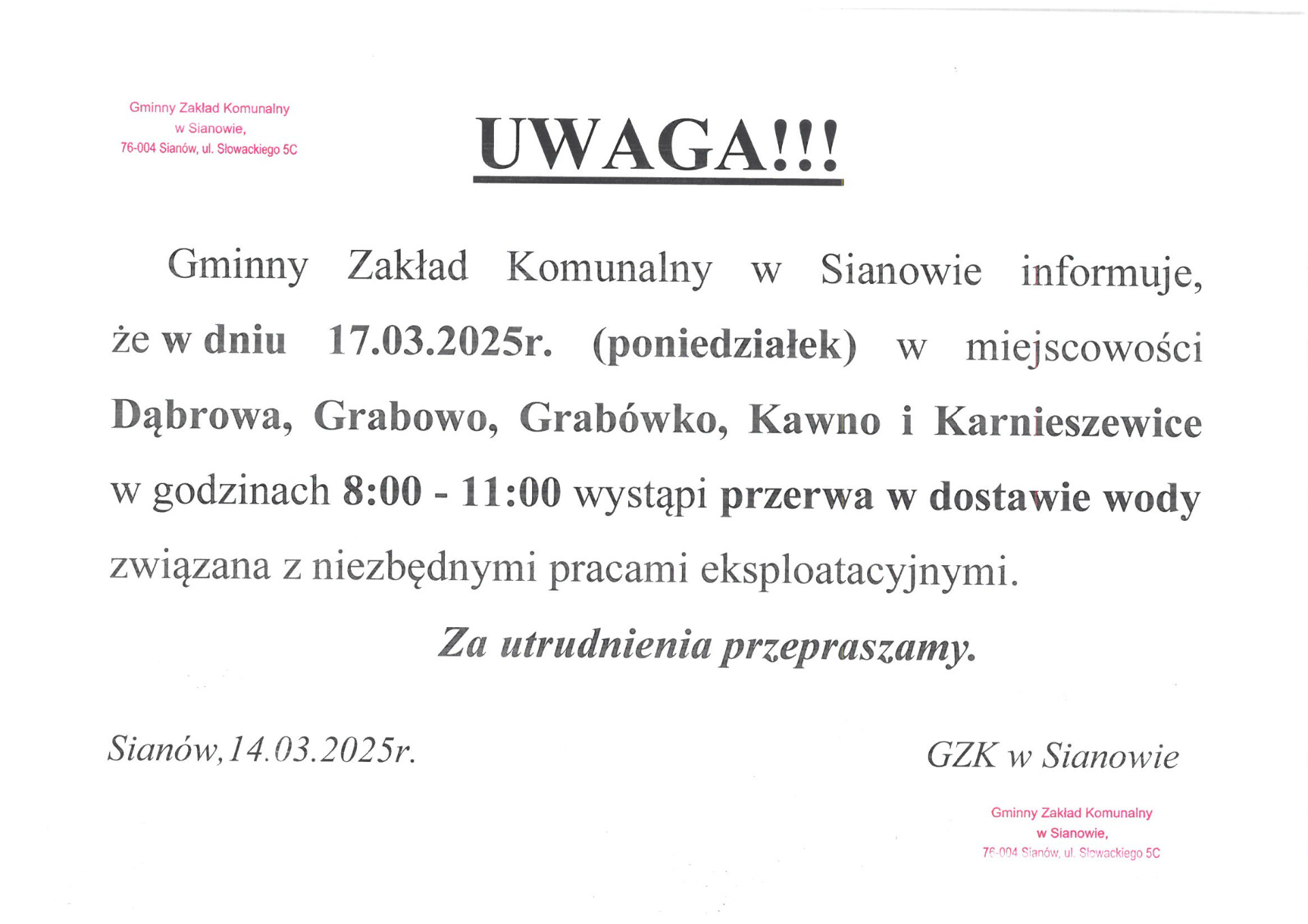 Zawiadomienie o przerwie w dostawie wody.