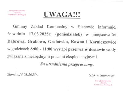 Zawiadomienie o przerwie w dostawie wody.
