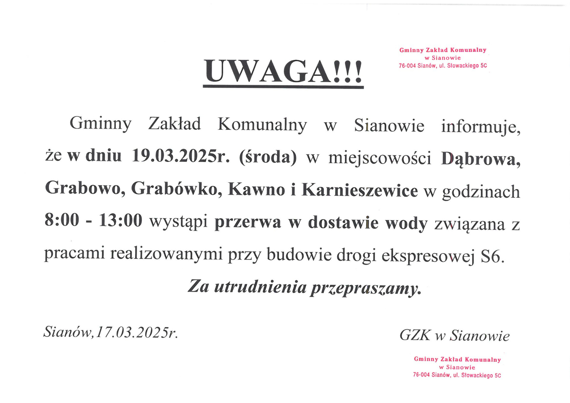 zawiadomienie o przerwie w dostawie wody