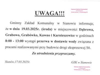 zawiadomienie o przerwie w dostawie wody