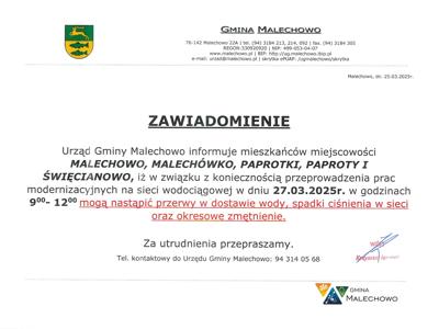Zawiadomienie o przerwie w dostawie wody