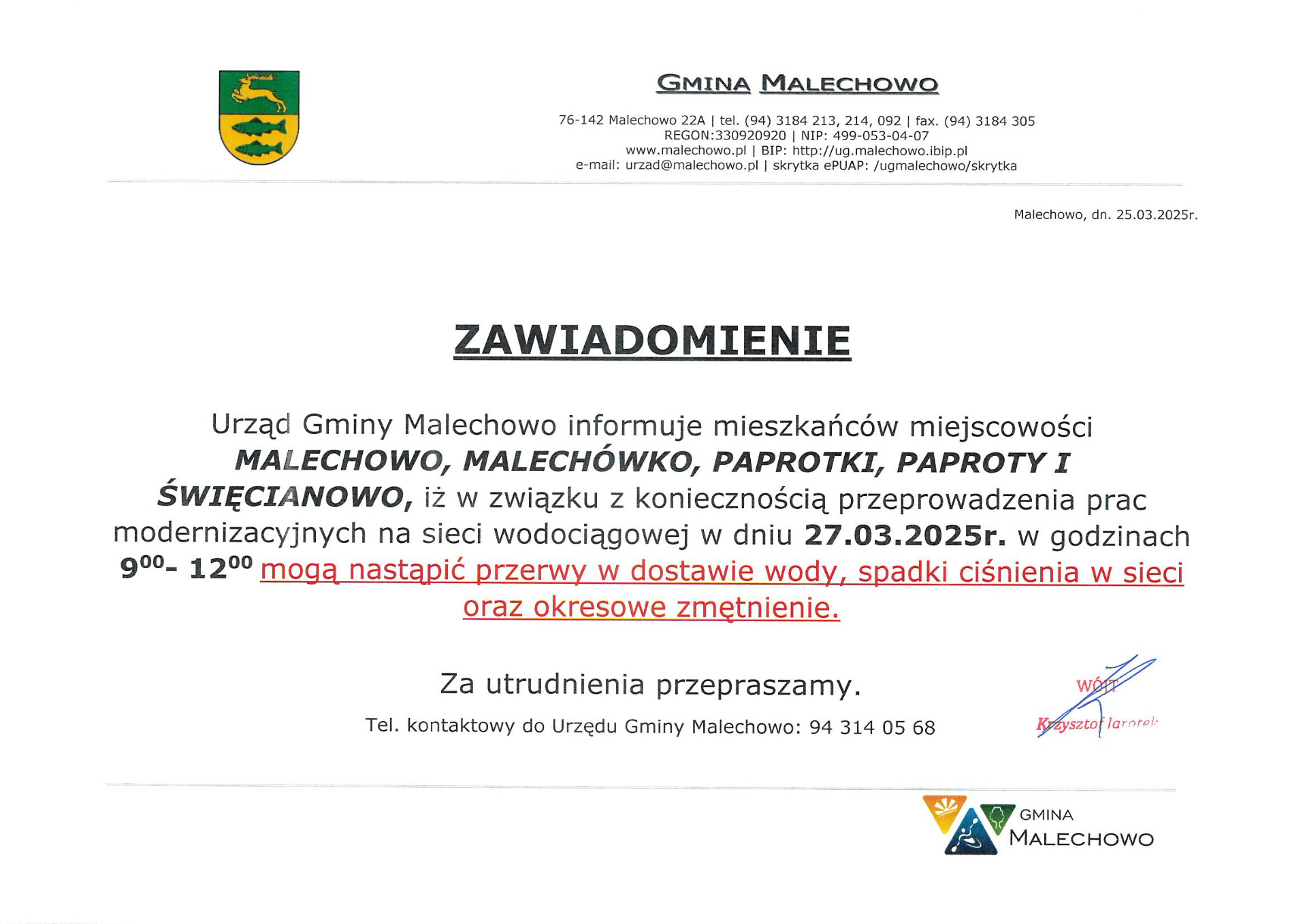 Zawiadomienie o przerwie w dostawie wody