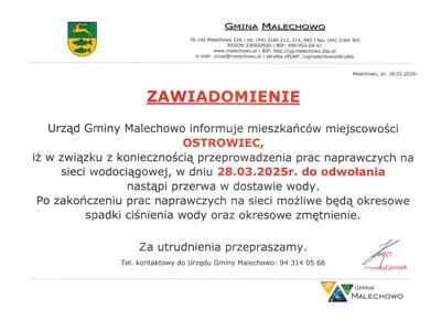 Zawiadomienie o przerwie w dostawie wody.