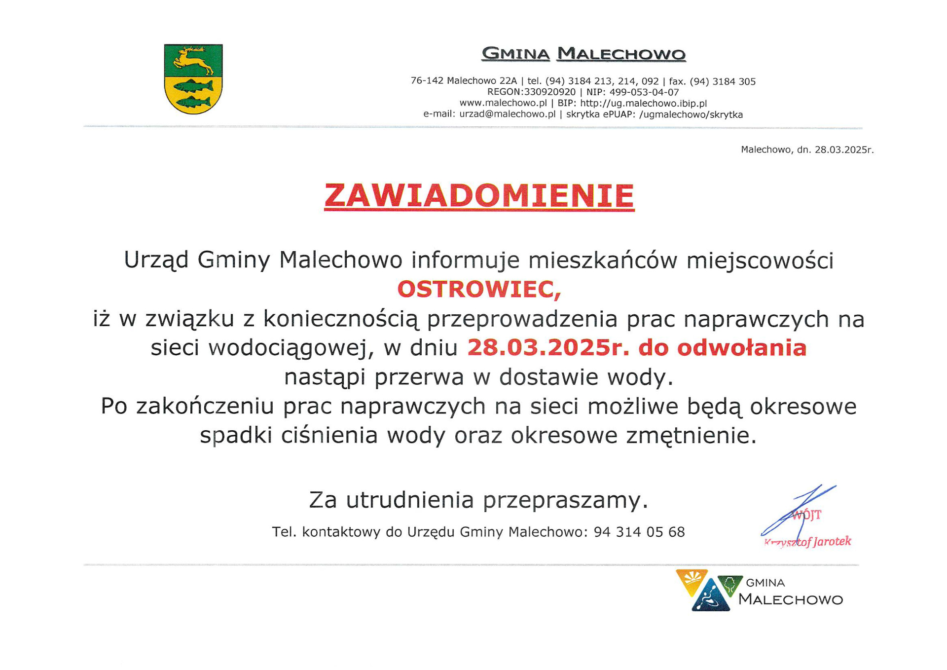 Zawiadomienie o przerwie w dostawie wody.