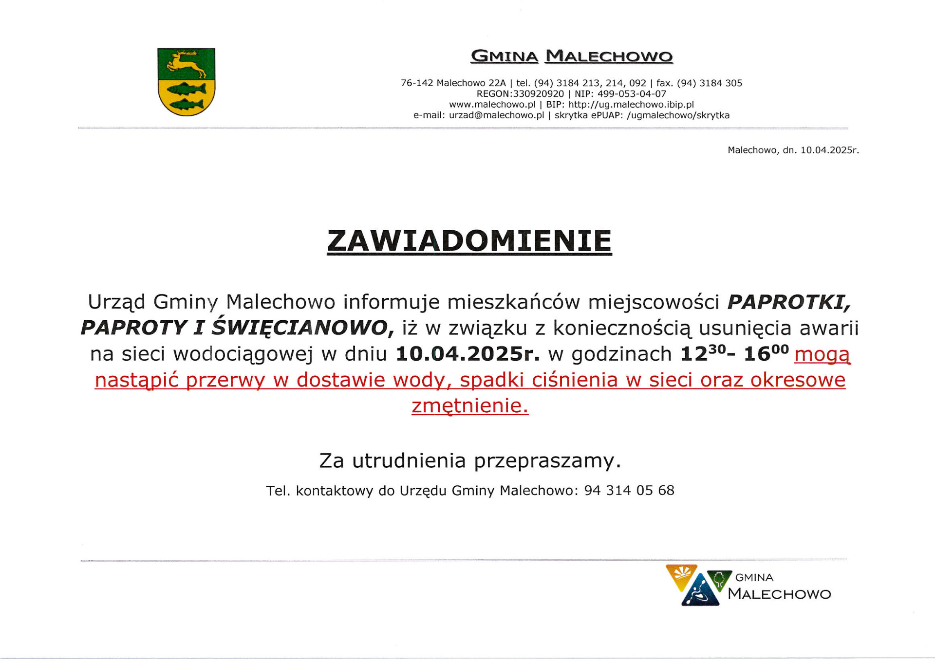 Informacja o możliwości przerwie w dostawie wody.