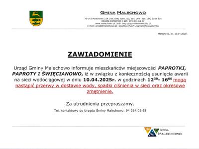 Informacja o możliwości przerwie w dostawie wody.