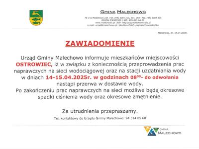 Zawiadomienie o przerwie w dostawie wody.