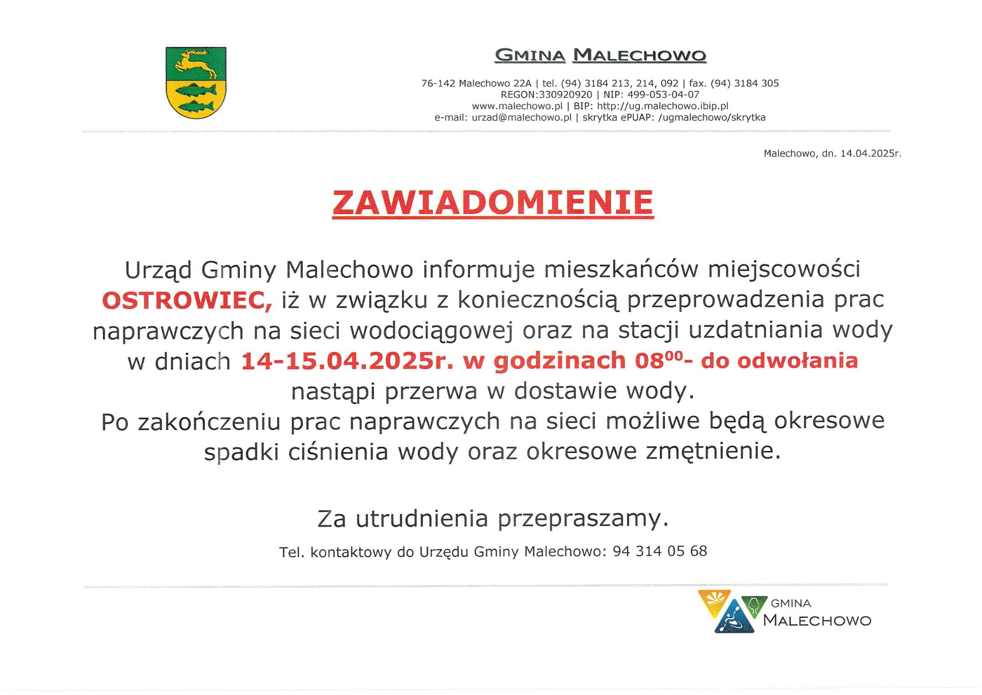 Zawiadomienie o przerwie w dostawie wody.