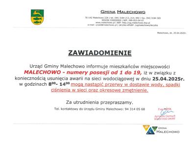 Zawiadomienie o przerwie w dostawie wody.