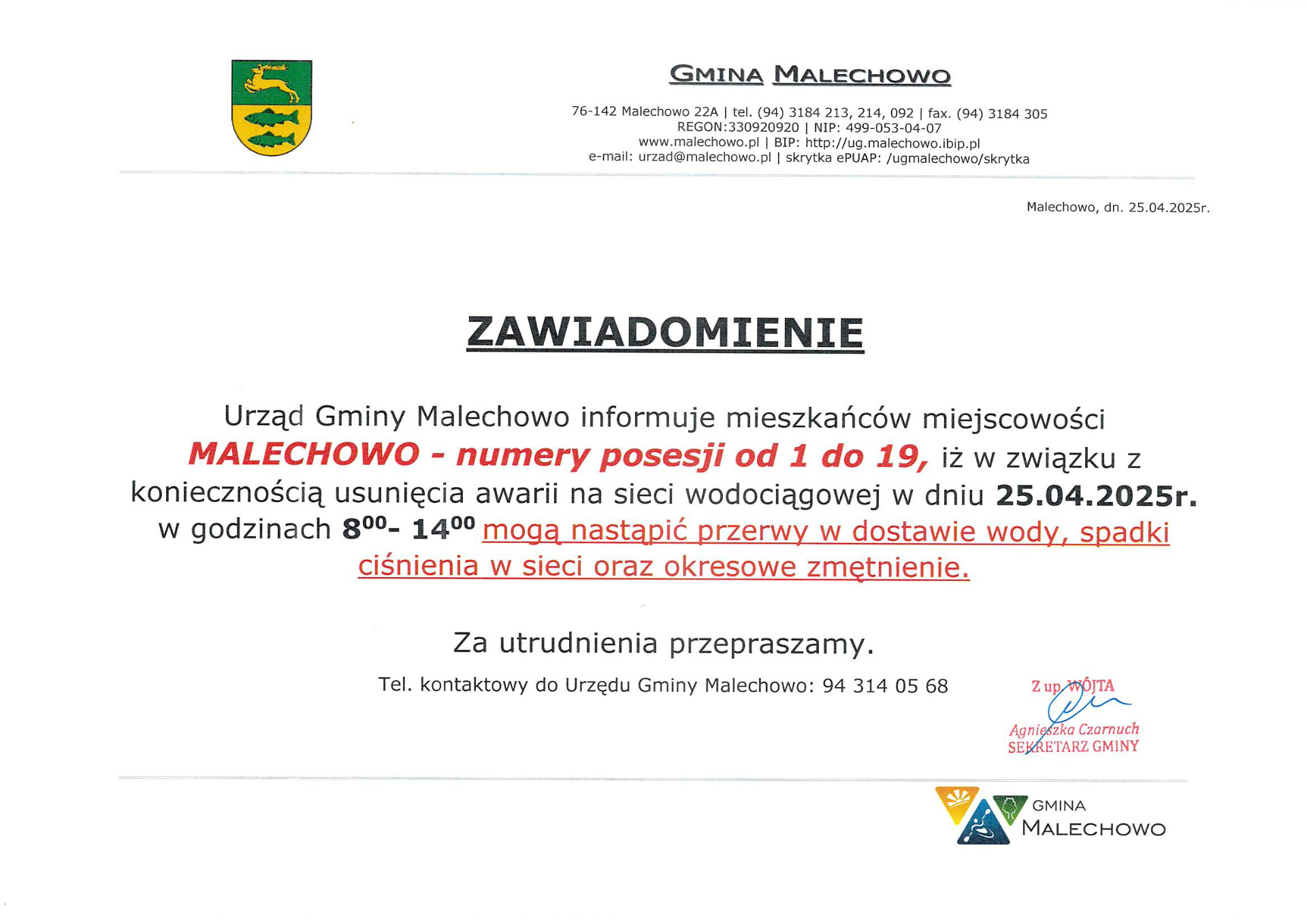 Zawiadomienie o przerwie w dostawie wody.