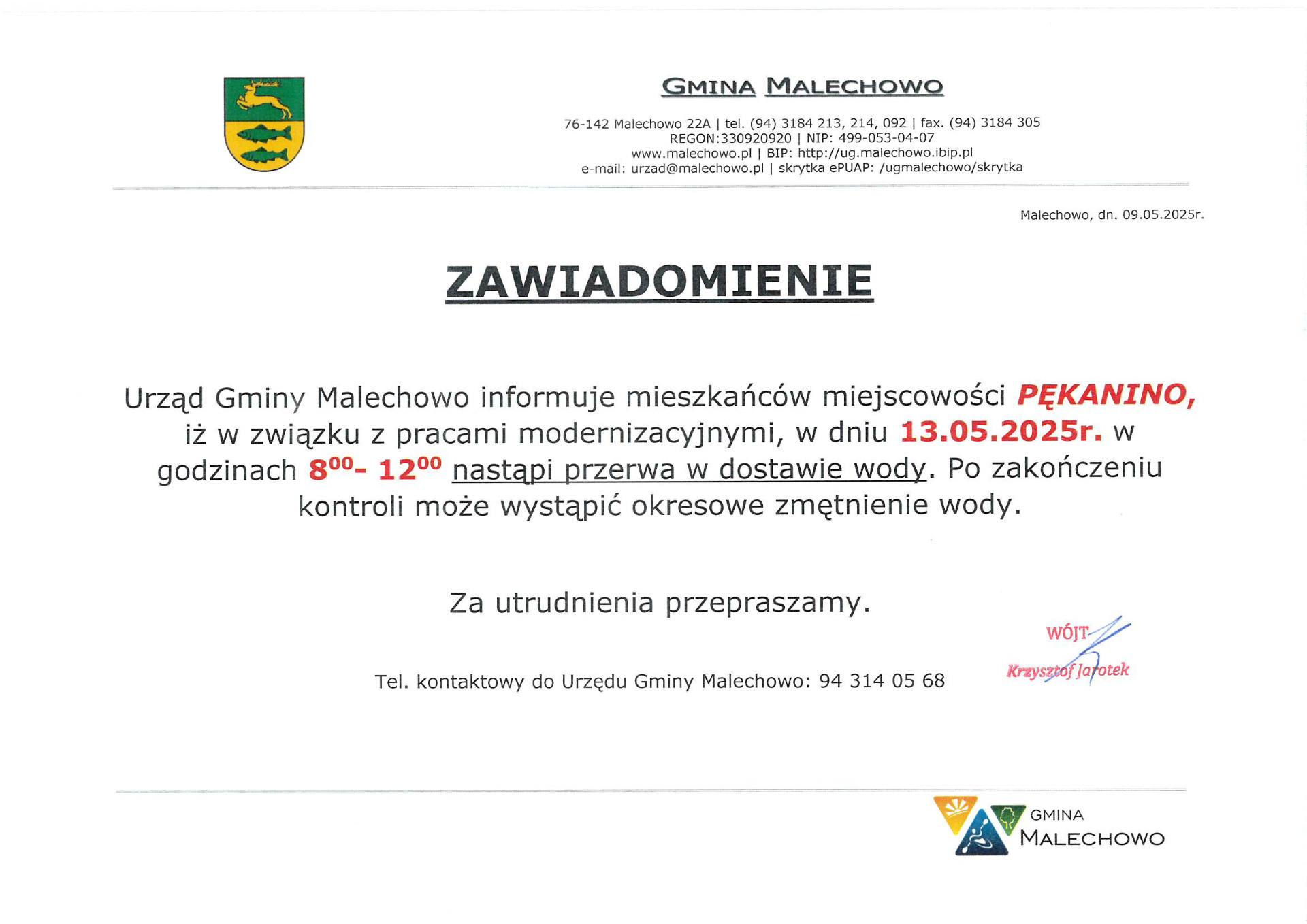 Zawiadomienie o przerwie w dostawie wody.