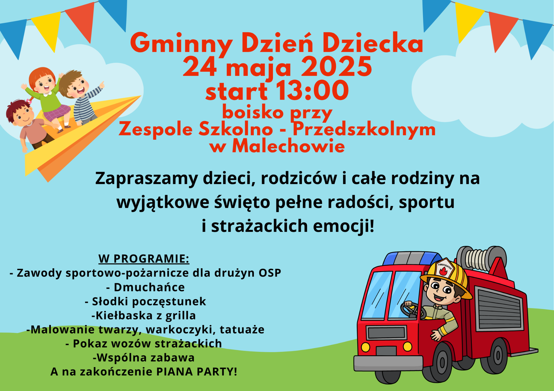 Plakat Gminny Dzień Dziecka. Odbędzie się 24 maja o godz. 13:00 na pacu przy Zespole Szkolno - Przedszkolnym w Malechowie.