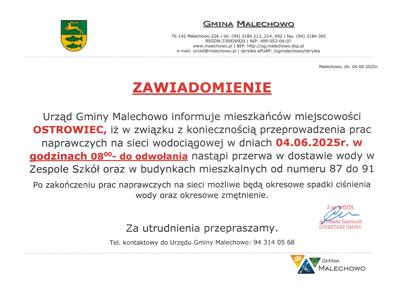 Zawiadomienie o przerwie w dostawie wody w miejscowości Ostrowiec.
