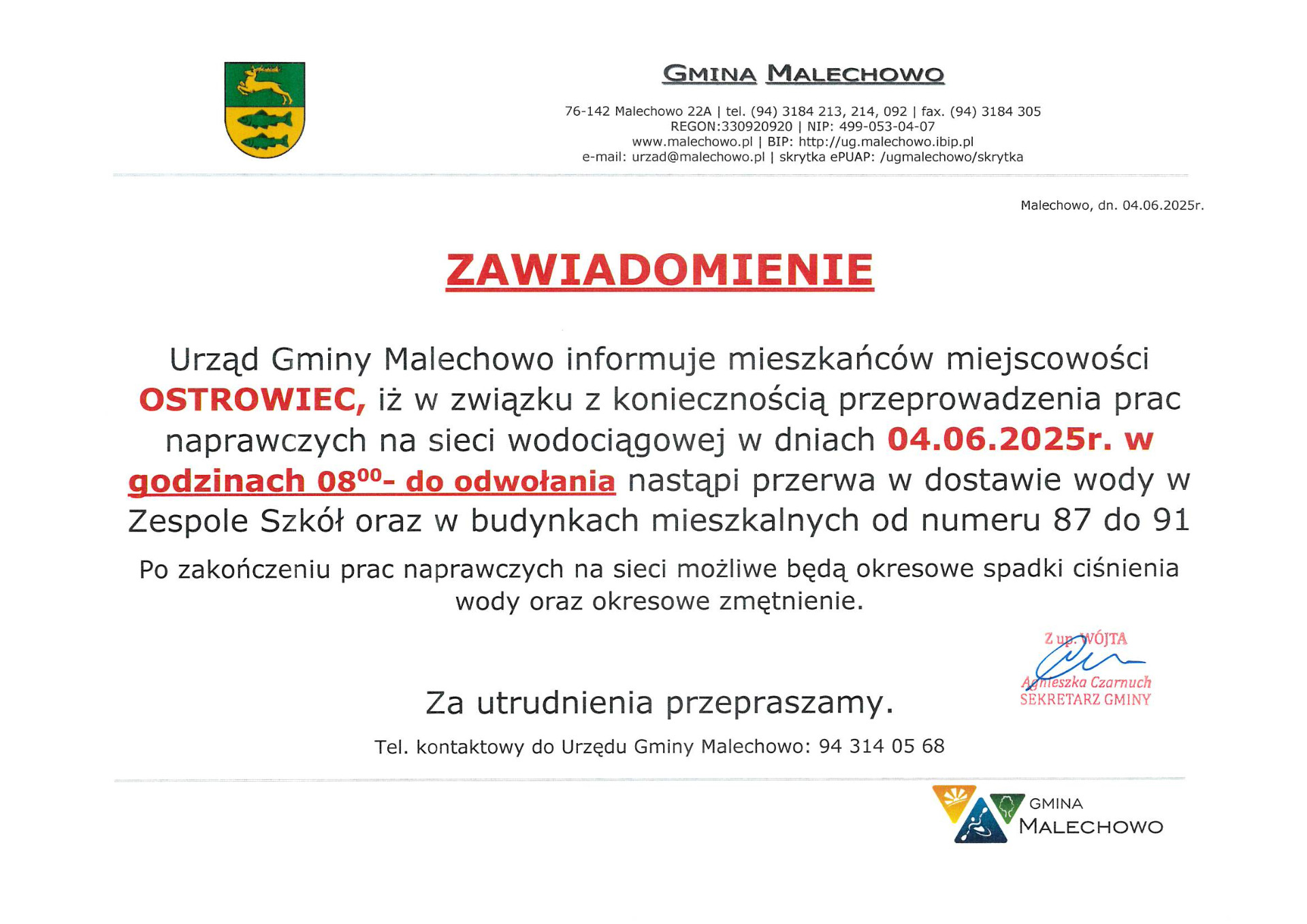 Zawiadomienie o przerwie w dostawie wody w miejscowości Ostrowiec.