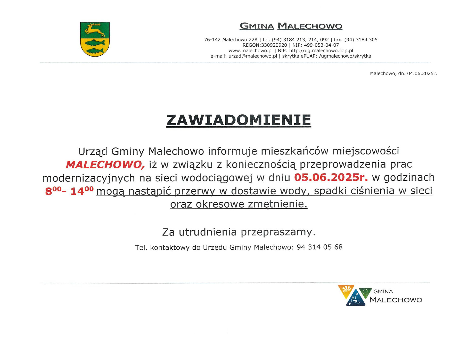 Zawiadomienie o przerwie w dostawie wody