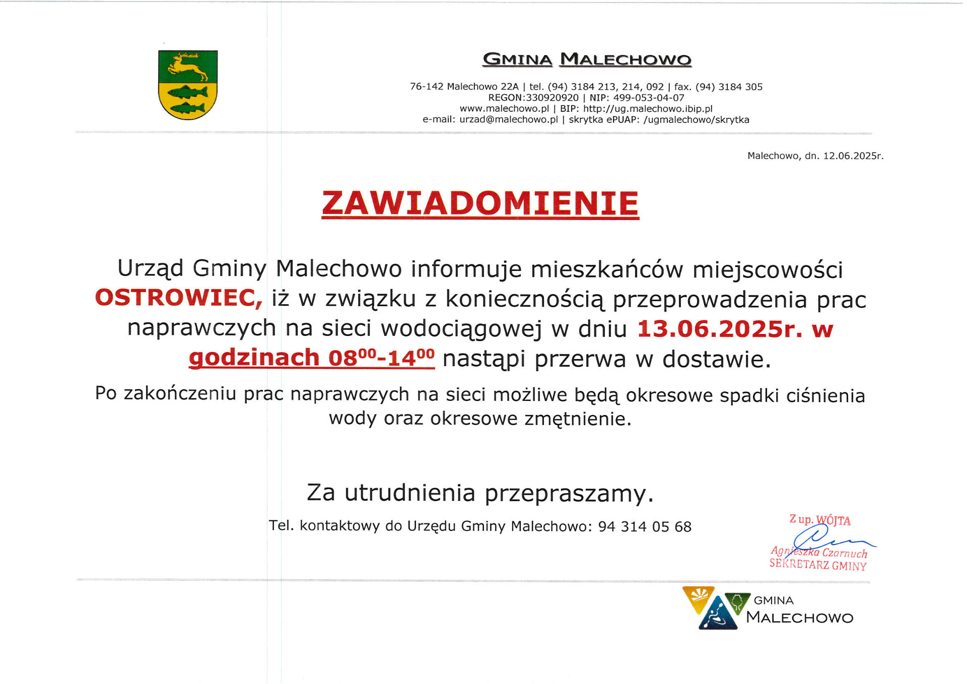 Zawiadomienie o braku wody