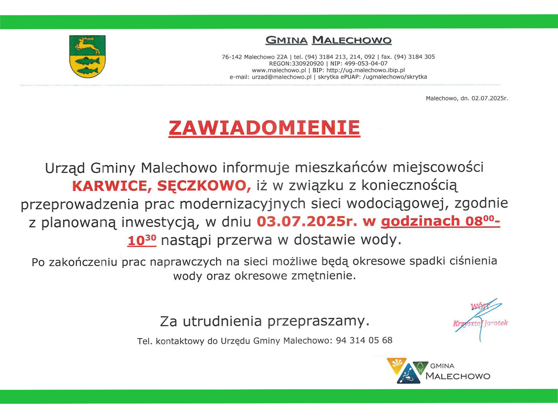 informacja o przerwie w dostawie wody