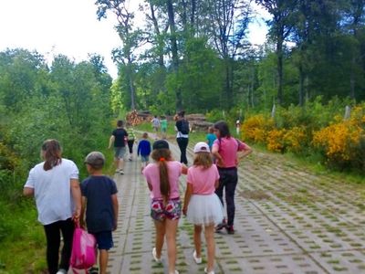 Zdjęcie przedstawia grupę wychowanków "Liski Urwiski" z Lasek podczas spaceru w lesie. 