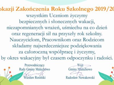 Grafika przedstawia życzenia dla uczniów z okazji rozpoczynających się wakacji.