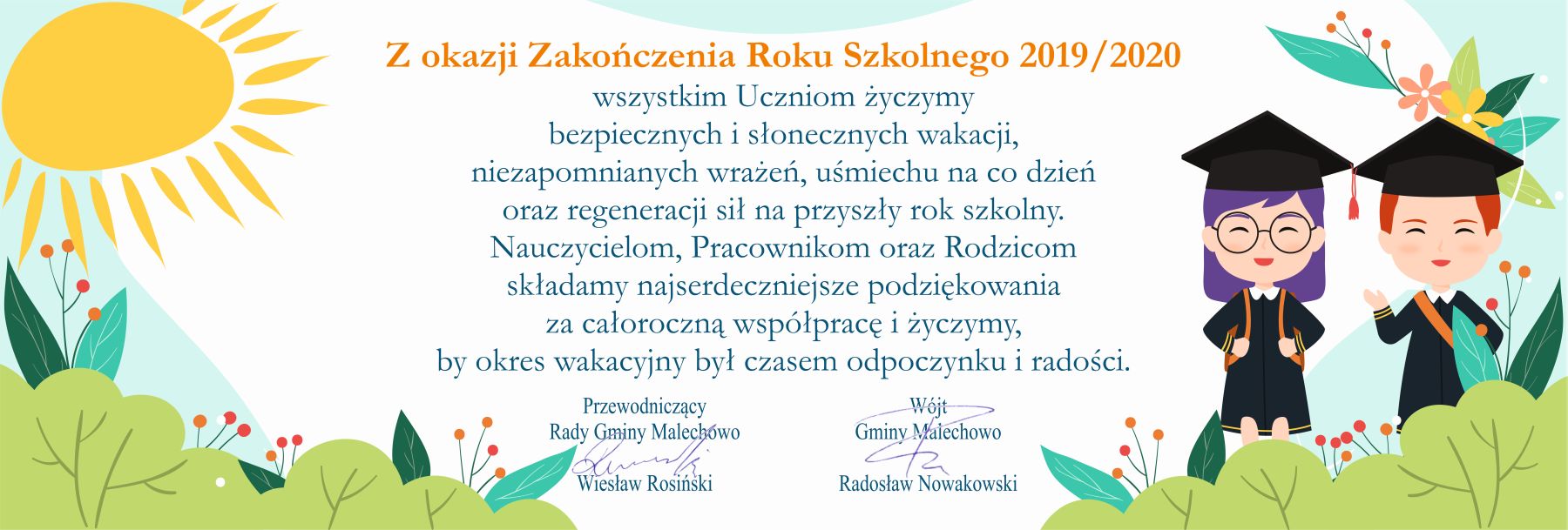 Grafika przedstawia życzenia dla uczniów z okazji rozpoczynających się wakacji.