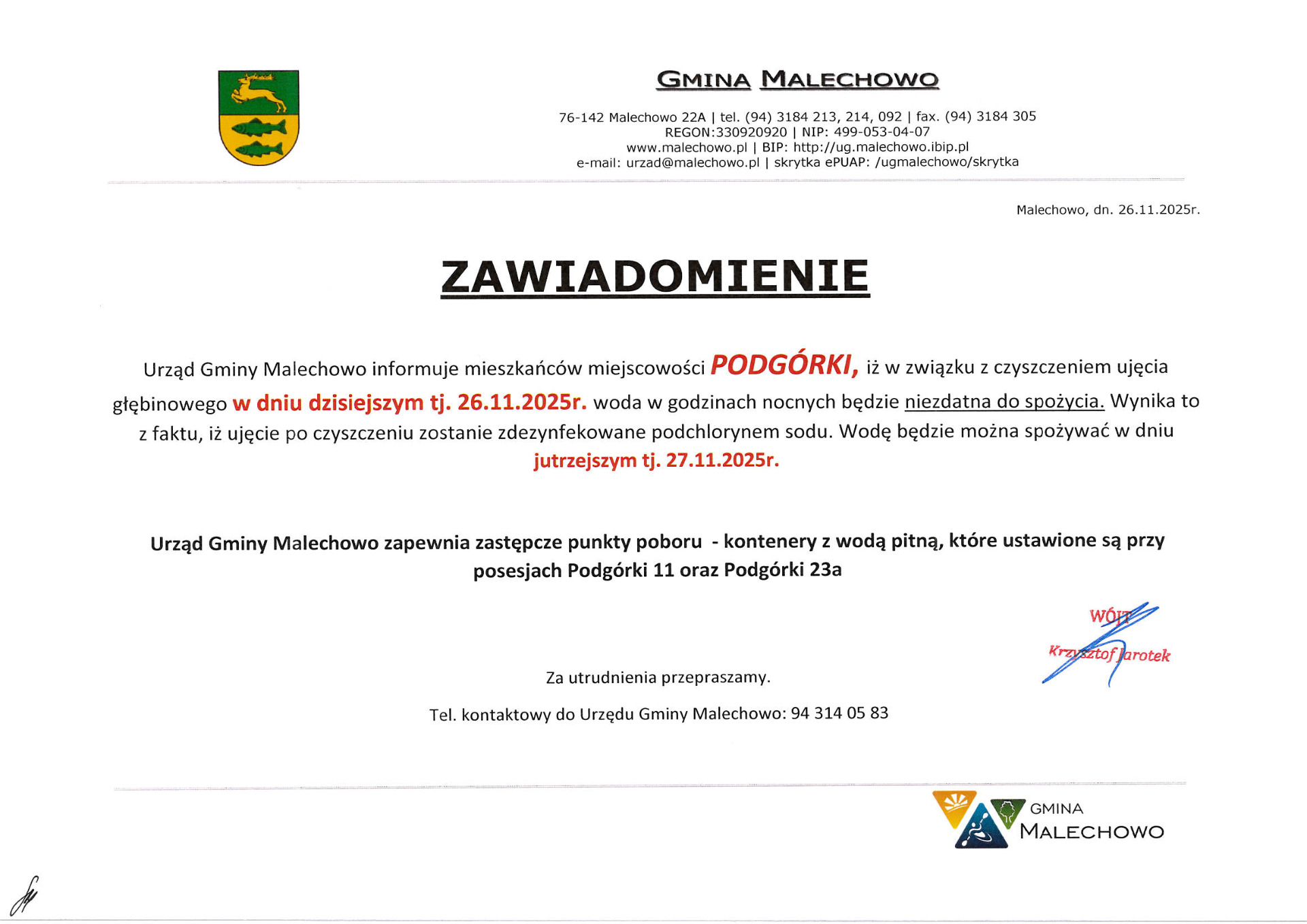 zawiadomienie- woda niezdatna do picia