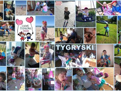 Zdjęcie przedstawia kolaż zdjęć dzieci z grupy Tygrysków i to jak świętowały Dzień Dziecka. 