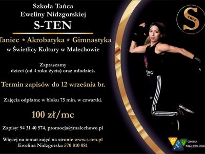 Plakat przedstawia informacje odnośnie akrobatyki i zajęć tanecznych wraz ze zdjęciem trenerki.