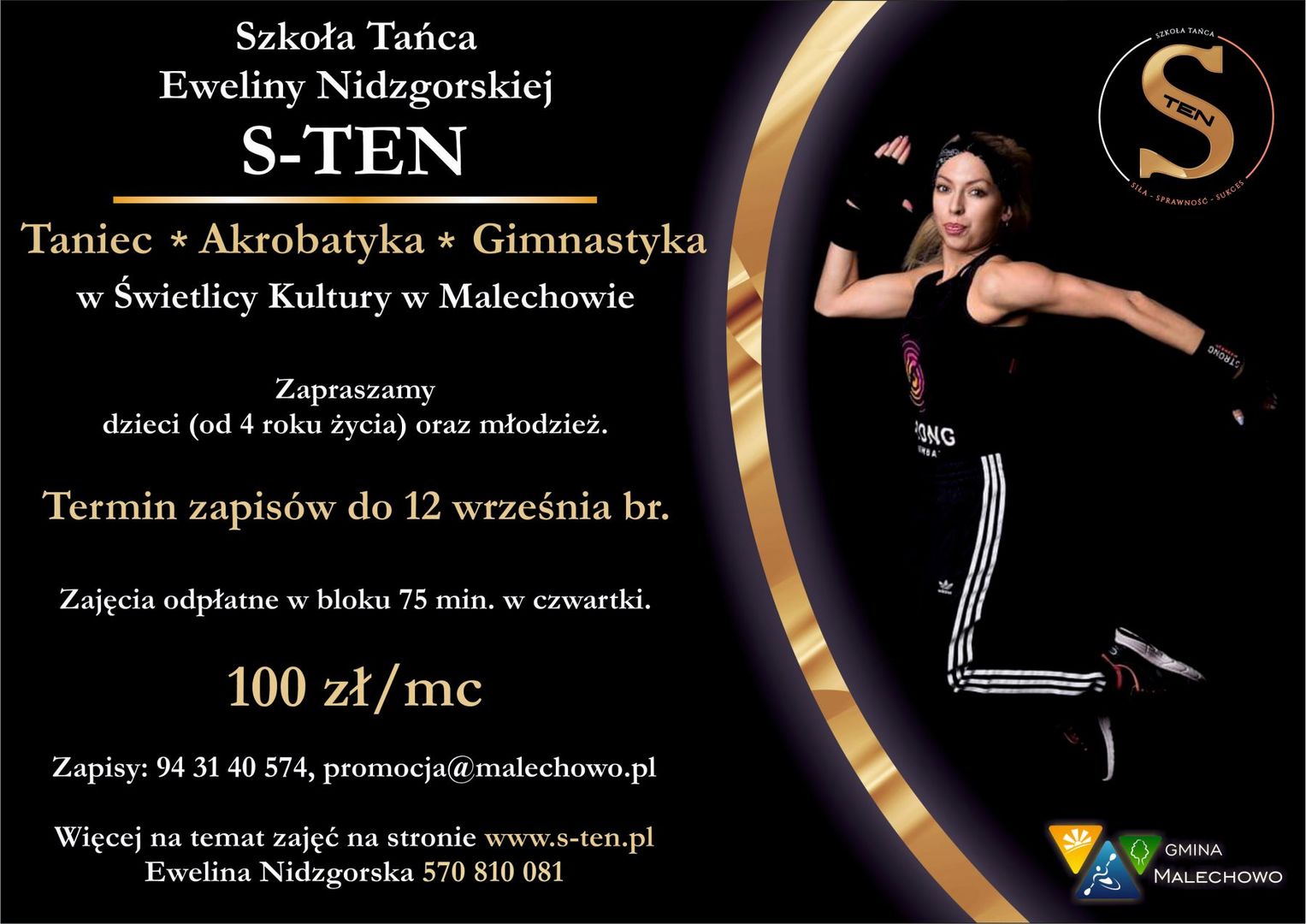 Plakat przedstawia informacje odnośnie akrobatyki i zajęć tanecznych wraz ze zdjęciem trenerki.