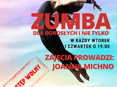 Plakat informujący o zajęciach zumby, które odbywają się we wtorki i czwartki o godzinie 19:00 w Świetlicy Kultury w Malechowie, plik JPG o rozmiarze 3,3 MB.