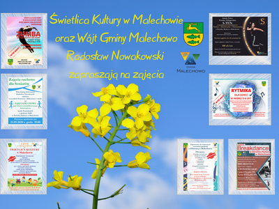 Zdjęcie przedstawia plakat zbiorczy z ofertą wszystkich zajęć oferowanych w Świetlicy Kultury w Malechowie.