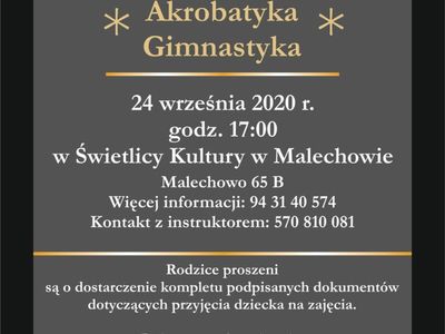 Grafika przedstawia informacje na temat spotkania organizacyjnego z rodzicami dzieci zapisanych na akrobatykę.