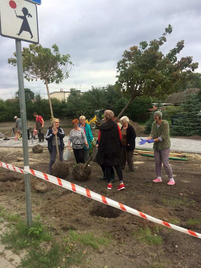 Zdjęcie przedstawia uczestników projektu podczas nasadzeń terenu rekreacyjnego przy Domu Wiejskim w Ostrowcu.