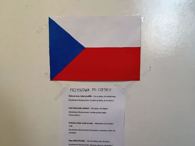 Uczniowie Szkoły Podstawowej w Niemicy z klasy VI przygotowali projekt flagi, powitania i powiedzonek  w języku czeskim.