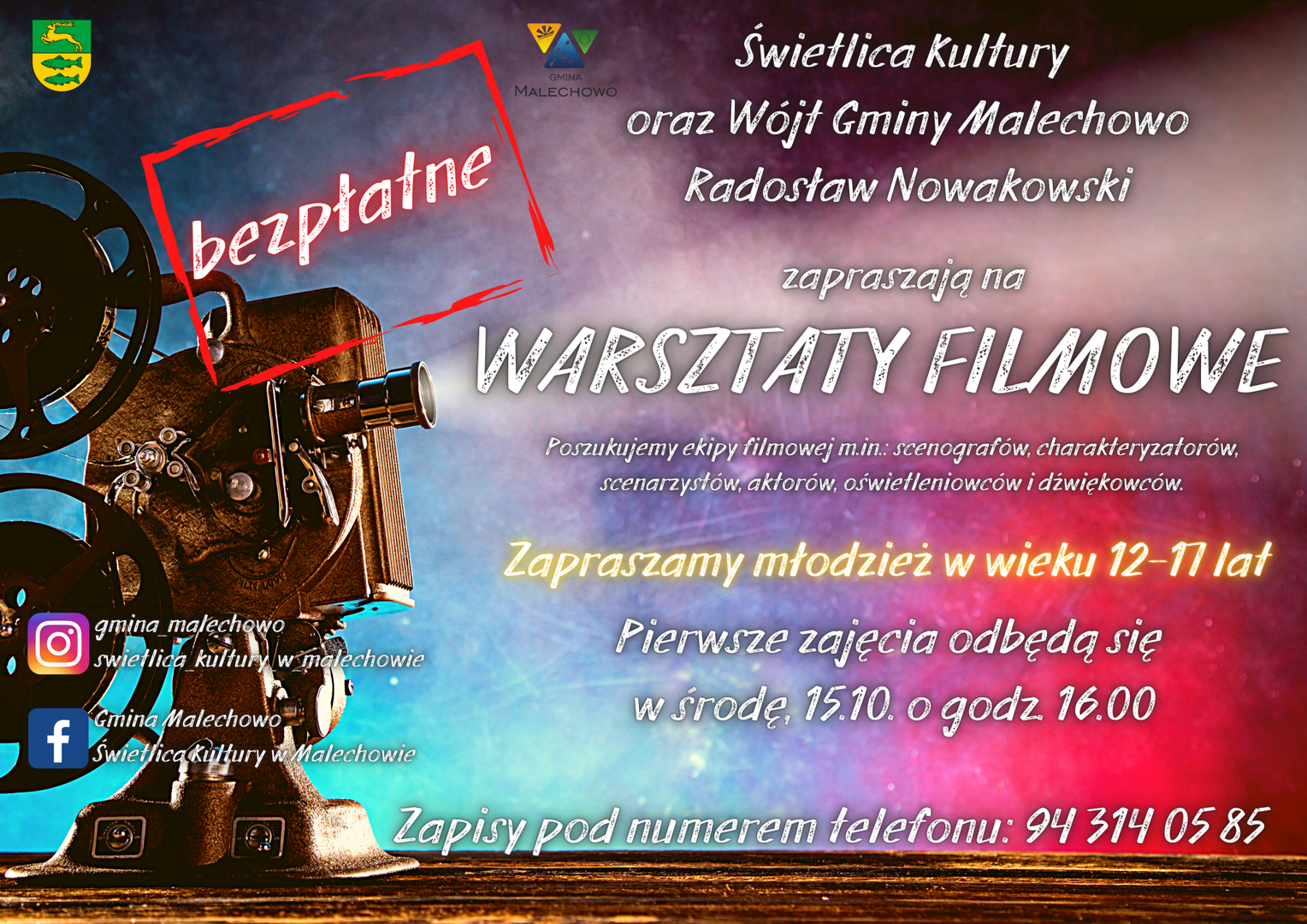 Warsztaty filmowe, zaproszenie dla młodzieży na zajęcia w Świetlicy Kultury.