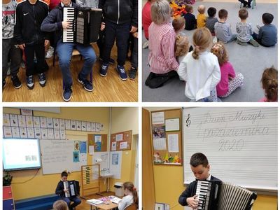 Sklejka czterech zdjęć z obchodów dnia muzyki, w tym występ ucznia grającego dla swoich koleżanek i kolegów na akordeonie.

