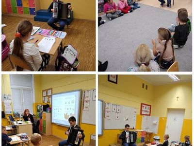 Sklejka czterech zdjęć z obchodów dnia muzyki, w tym występ ucznia grającego dla swoich koleżanek i kolegów na akordeonie.