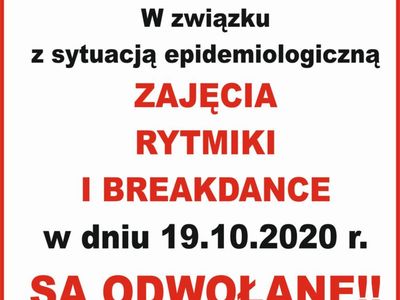 Informacja o odwołaniu breakdance i rytmiki dnia 19 października br. w Świetlicy Kultury w Malechowie.