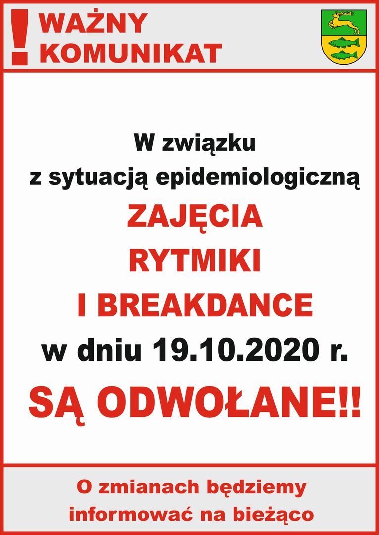 Informacja o odwołaniu breakdance i rytmiki dnia 19 października br. w Świetlicy Kultury w Malechowie. 