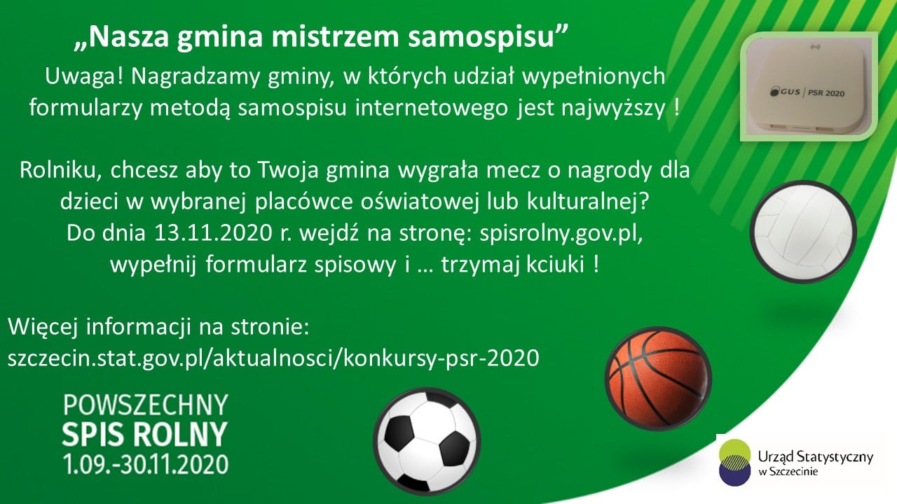 Plakat informujący o konkursie dla gmin w Powszechnym Spisie Rolnym.