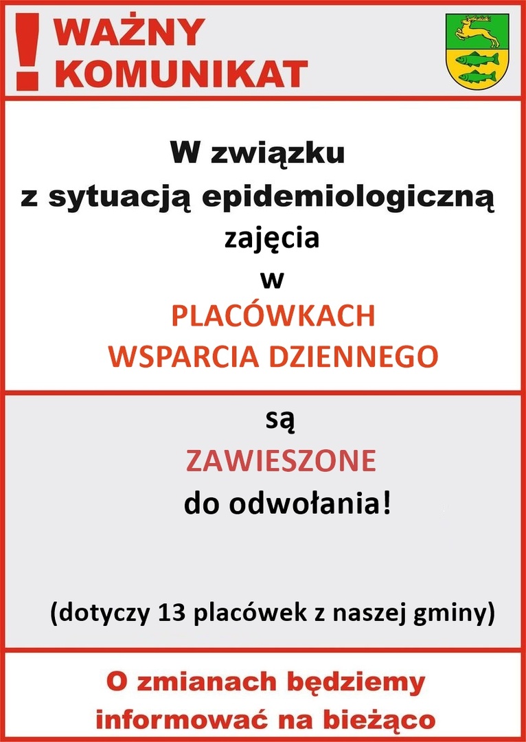 Informacja na temat zawieszenia zajęć w Placówkach Wsparcia Dziennego w gminie Malechowo w związku z sytuacją epidemiologiczną.
