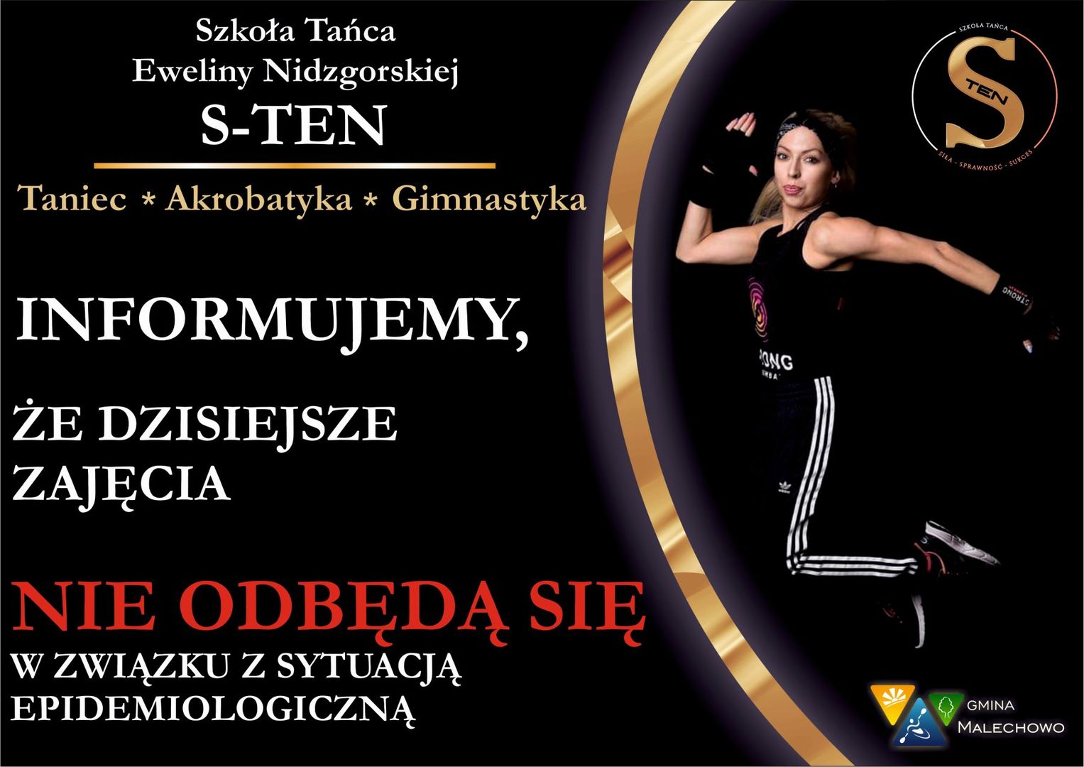 Plakat informujący o odwołniu zajęć akrobatyki w dniu 29 października br.