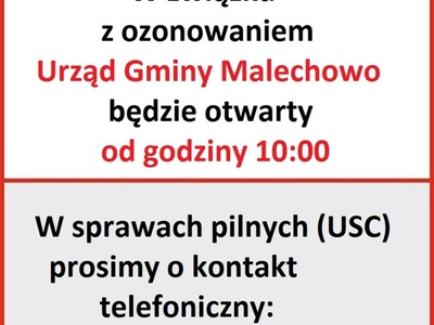 Informacja dotycząca otwarcia Urzędu Gminy Malechowo od godziny 10:00 w dniu 30.10.2020 r.