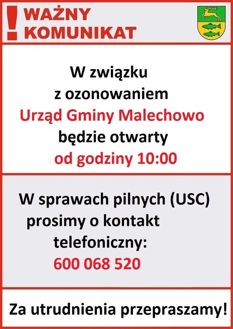 Informacja dotycząca otwarcia Urzędu Gminy Malechowo od godziny 10:00 w dniu 30.10.2020 r.