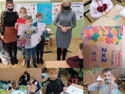 Kolaż zdjęć z obchodów Światowego Dnia Tabliczki Mnożenia, przedstawia uczniów Szkoły Podstawowej w Lejkowie, wychowawcę oraz dyrektor placówki.