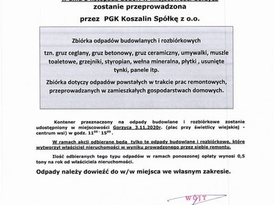 Informacja dotycząca zbiórki odpadów budowlanych w Gorzycy.