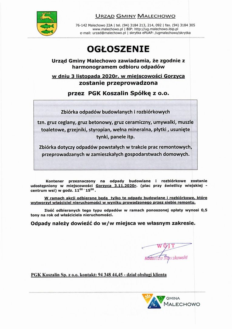 Informacja dotycząca zbiórki odpadów budowlanych w Gorzycy.